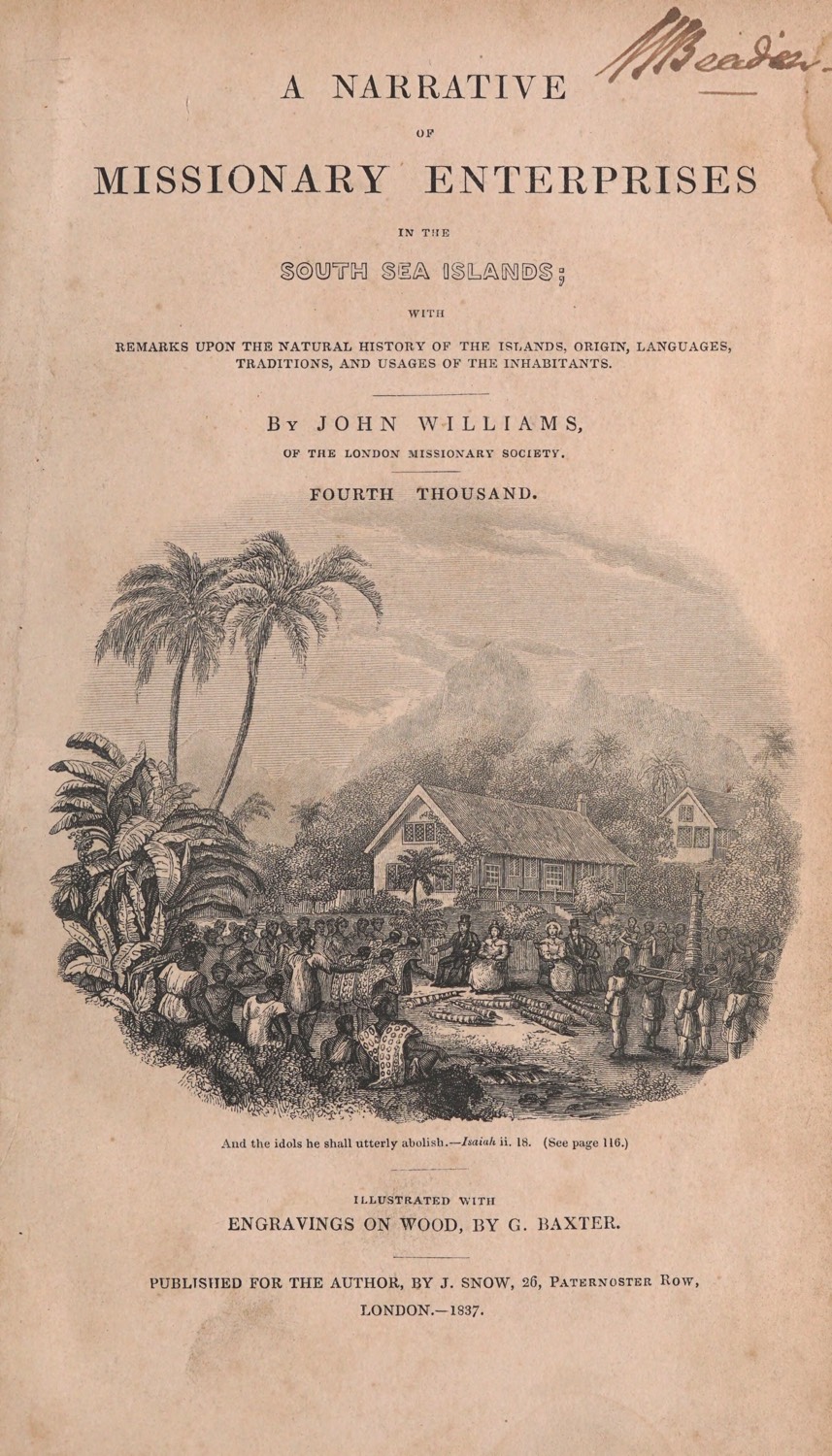 Cover page of A Narrative of Missionary Enterprises in the South Sea Islands by John Williams, featuring an illustration of island life.
