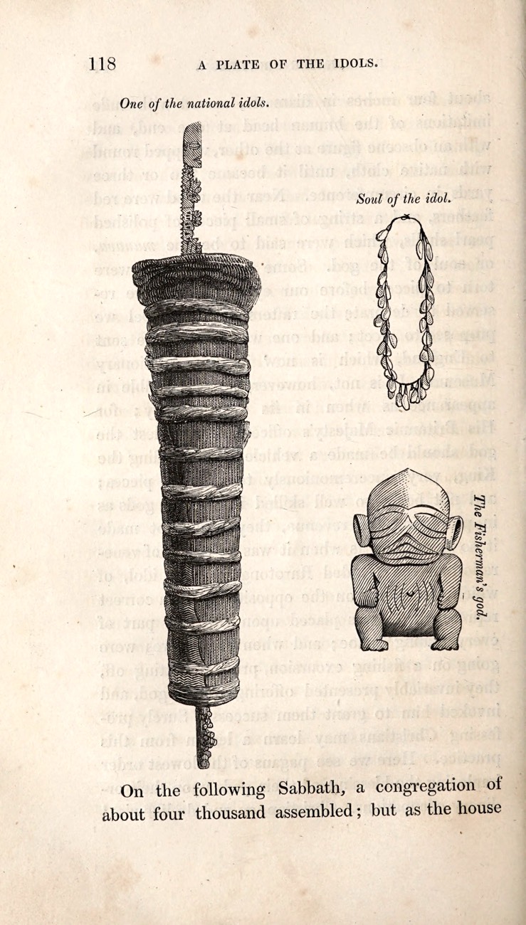 Illustration of two national idols: a tall figure wrapped in cloth and a smaller statue labeled The Fisherman's god.