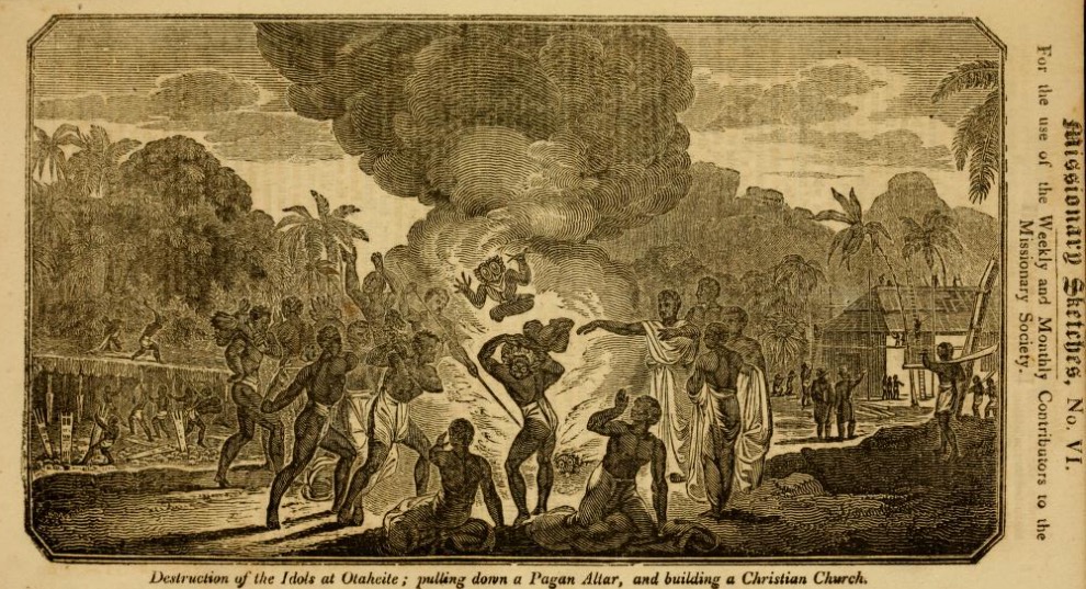 An illustration of people destroying pagan idols and an altar, with smoke rising amidst tropical foliage, symbolizing a religious transition.